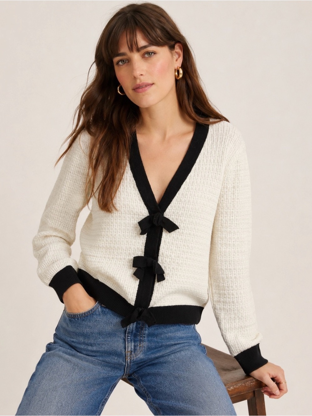 New York & Co Cream Black Bow Preppy Academia Cardigan Sweater Plus Size 1X